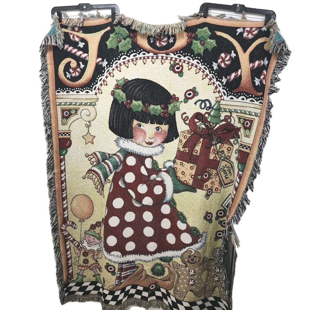 Vintage Mary Engelbreit Joy You Christmas Woven Tapestry Throw Blanket Fringe